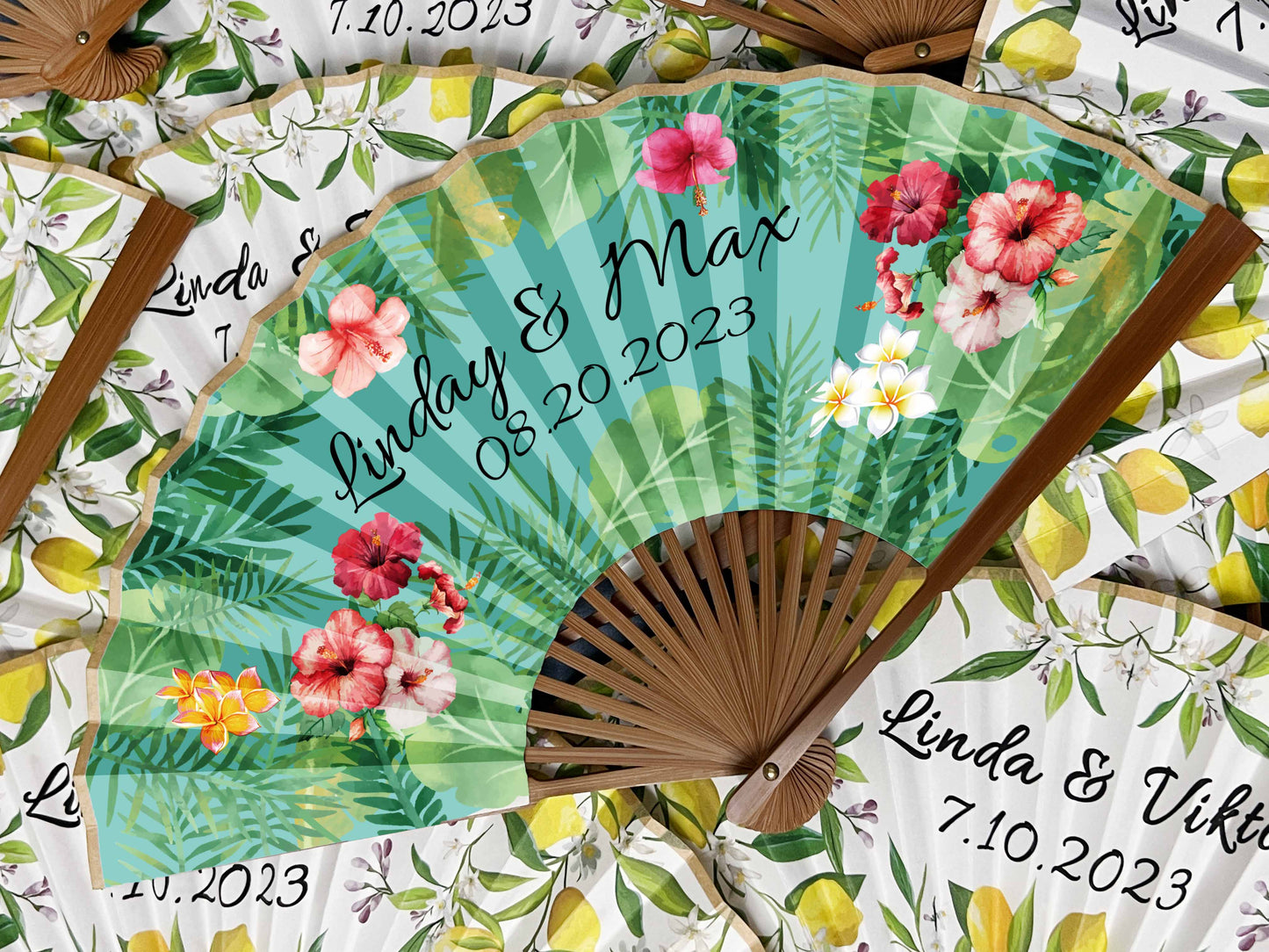 High End Personalized Custom Fans Lemon Orange Printed Folding Hand Fans Wedding Party Favors Gifts for Guests Bulk