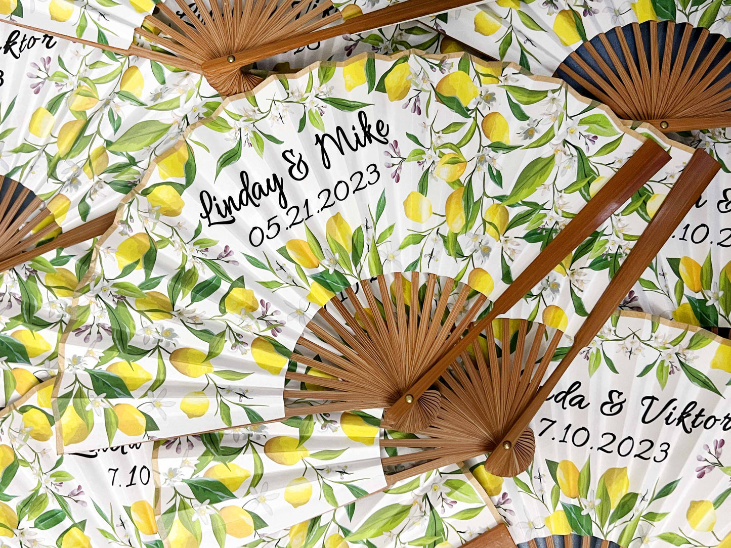 High End Personalized Custom Fans Lemon Orange Printed Folding Hand Fans Wedding Party Favors Gifts for Guests Bulk
