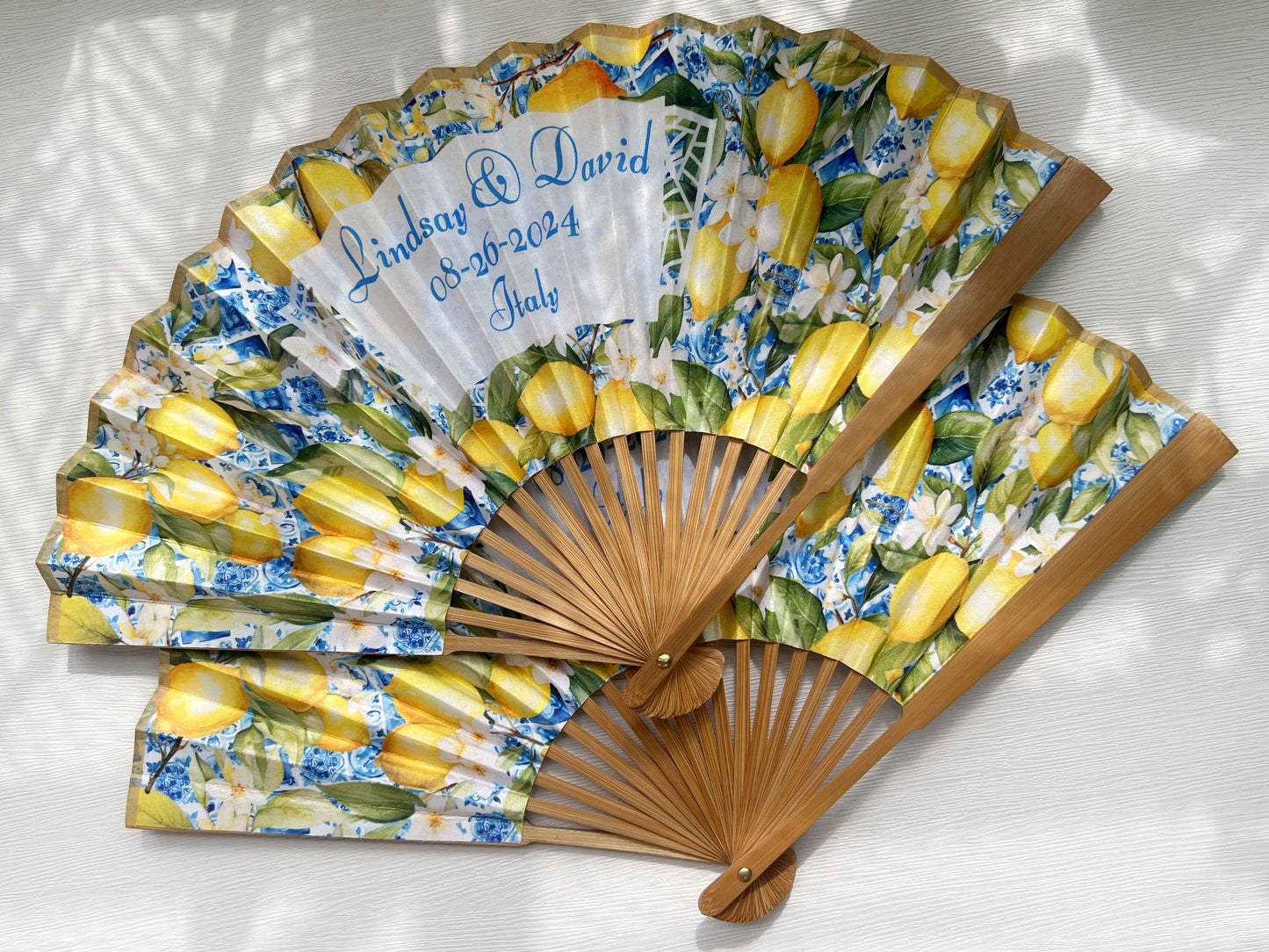 Personalized Custom Fabric Fans Rustic Wedding Dinner Party Favors Gifts for Guests Bulk Lemon Floral Folding Hand Fans Cloth Fan Home Decor