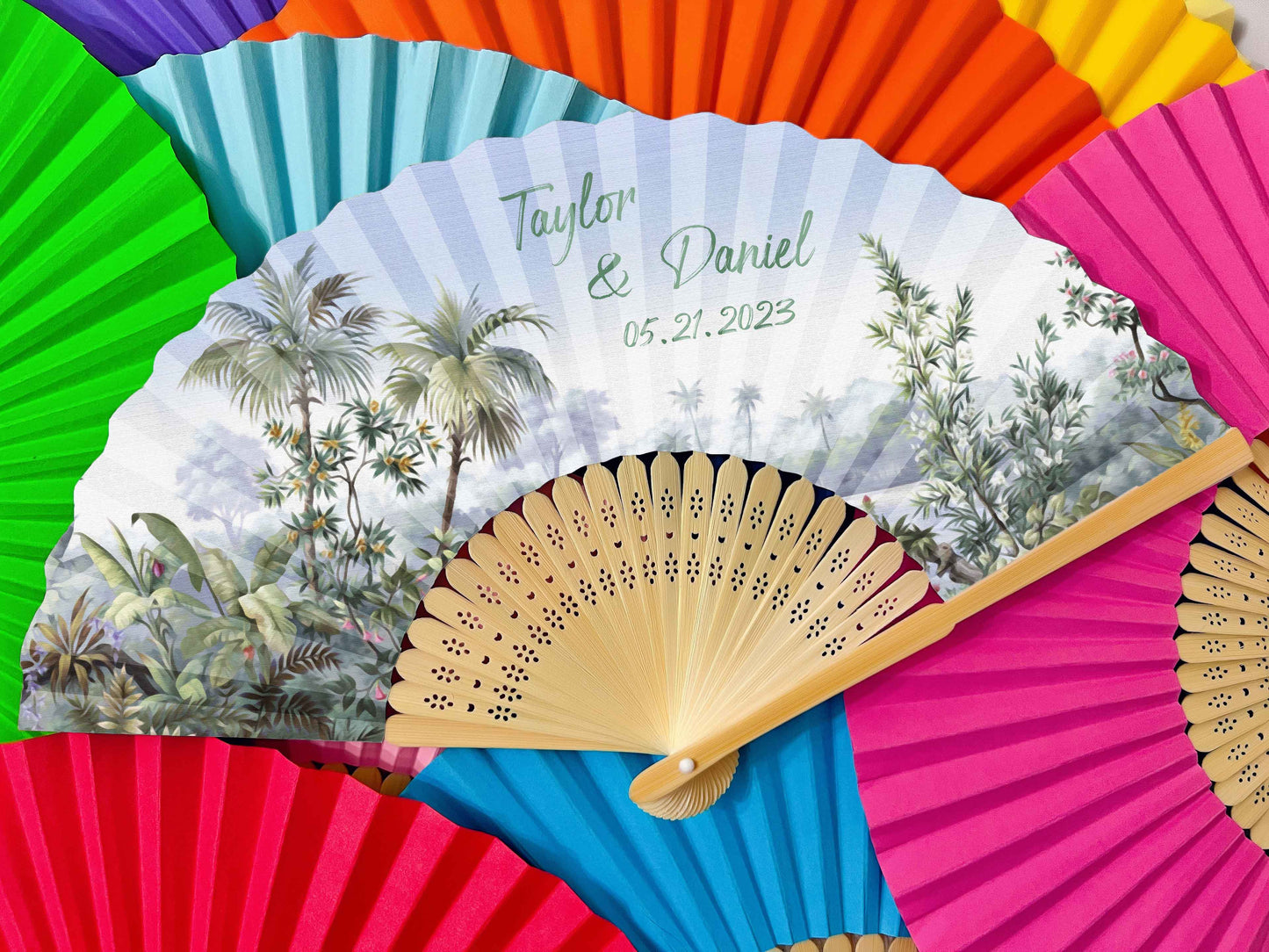 Personalized Custom Paper Fans Full Size Colorful Printed Wedding Party Favors Gifts for Guests in Bulk Printed Folding Hand Fans