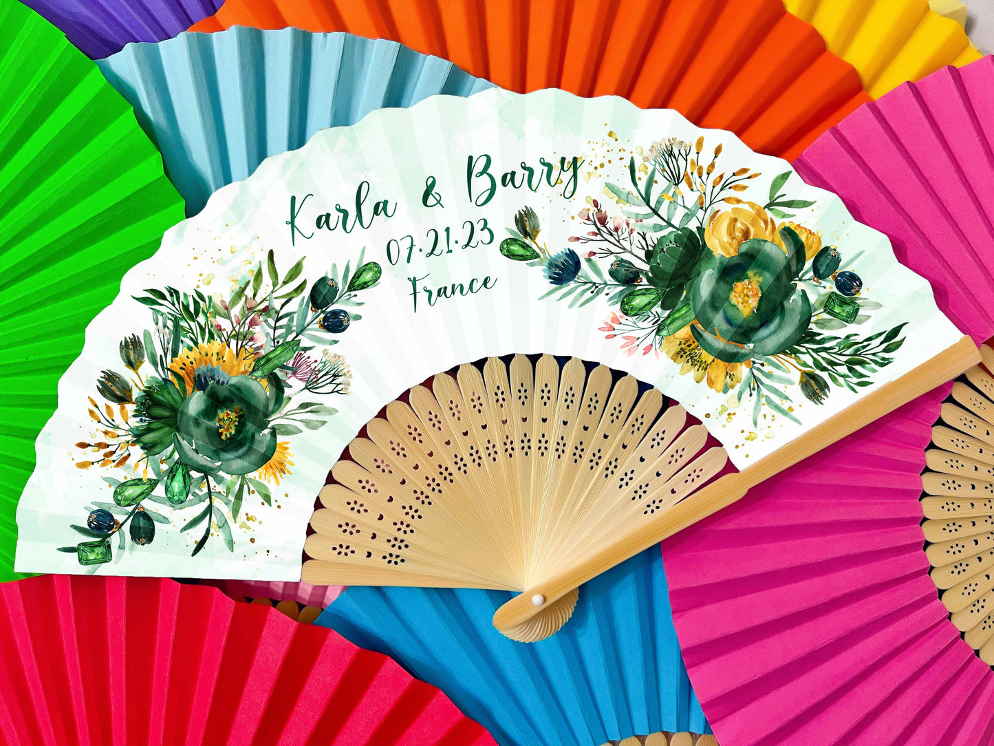 Personalized Custom Paper Fans Full Size Colorful Printed Wedding Party Favors Gifts for Guests in Bulk Printed Folding Hand Fans
