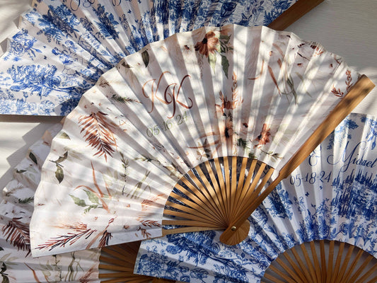 Personalized Custom Fabric Fans Wedding Party Favors Gifts Guests Bulk High End Floral Printed Textile Hand Fans Concert Folding Cloth Fans