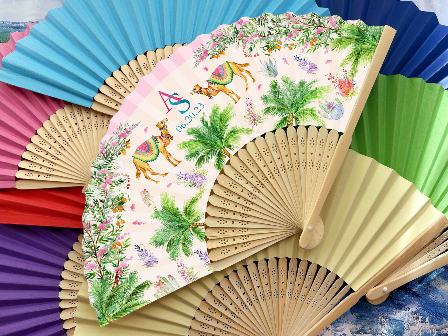 Personalized Custom Paper Fans Full Size Colorful Printed Wedding Party Favors Gifts for Guests in Bulk Printed Folding Hand Fans