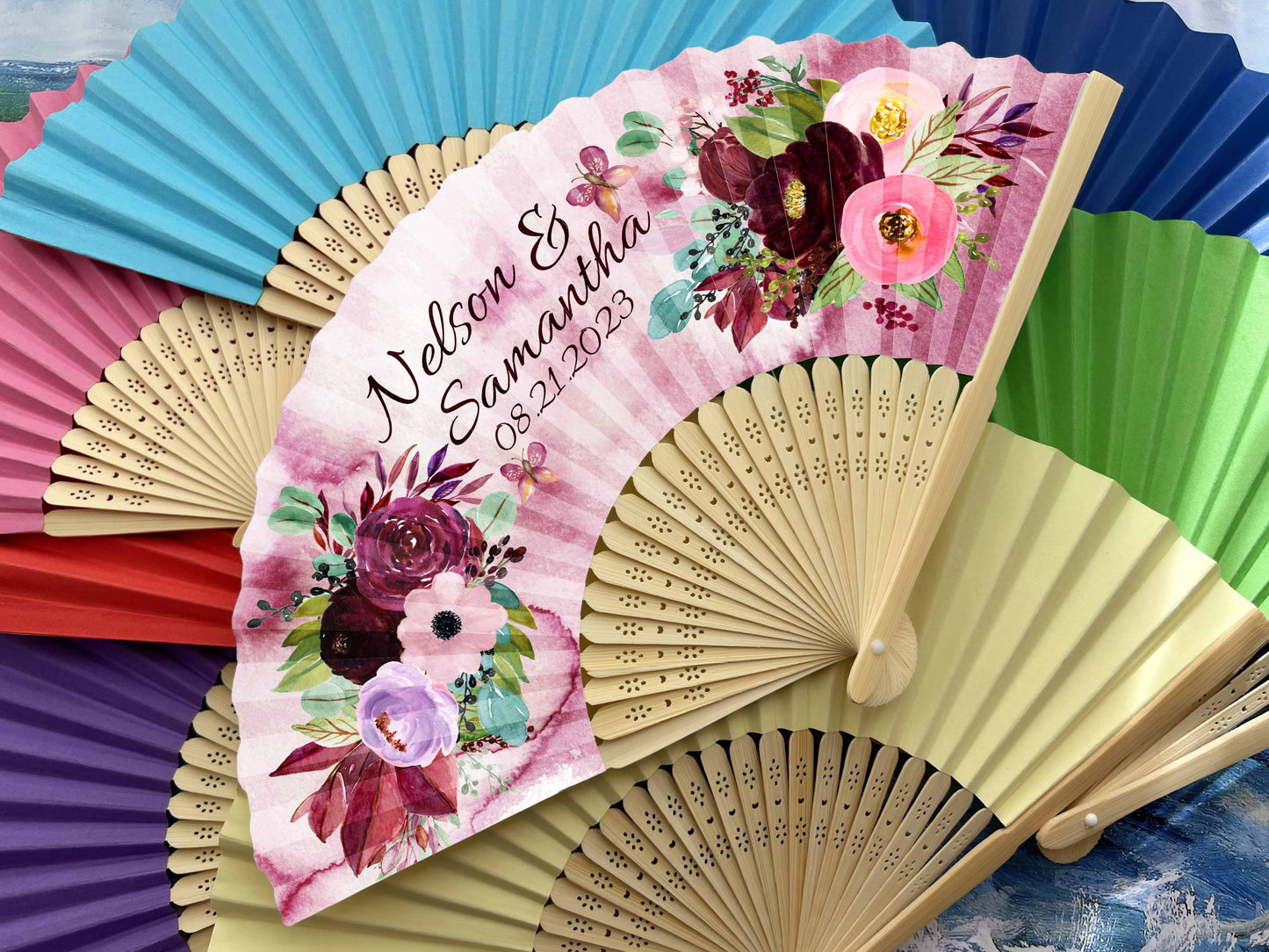 Personalized Custom Paper Fans Full Size Colorful Printed Wedding Party Favors Gifts for Guests in Bulk Printed Folding Hand Fans