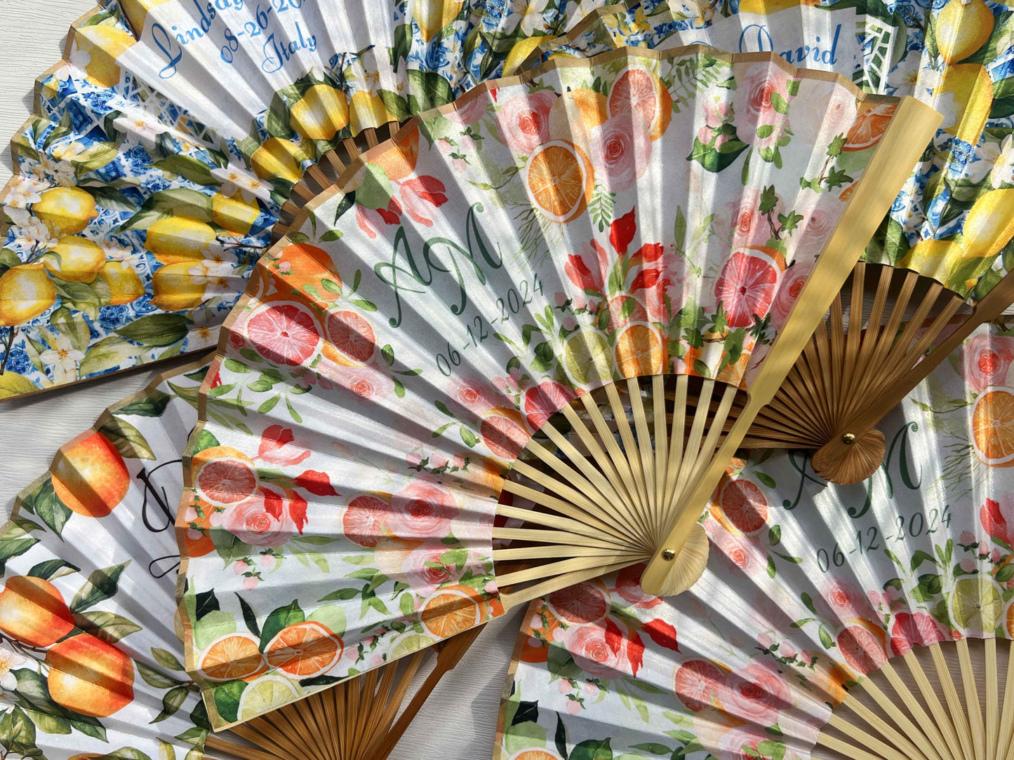 Personalized Custom Fabric Fans Rustic Wedding Dinner Party Favors Gifts for Guests Bulk Lemon Floral Folding Hand Fans Cloth Fan Home Decor