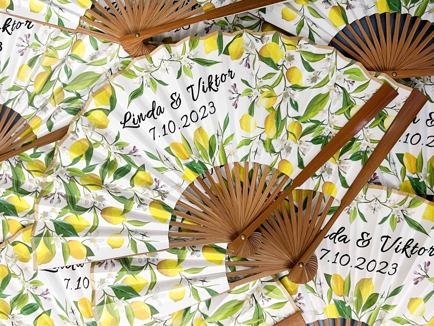 High End Personalized Custom Fans Lemon Orange Printed Folding Hand Fans Wedding Party Favors Gifts for Guests Bulk