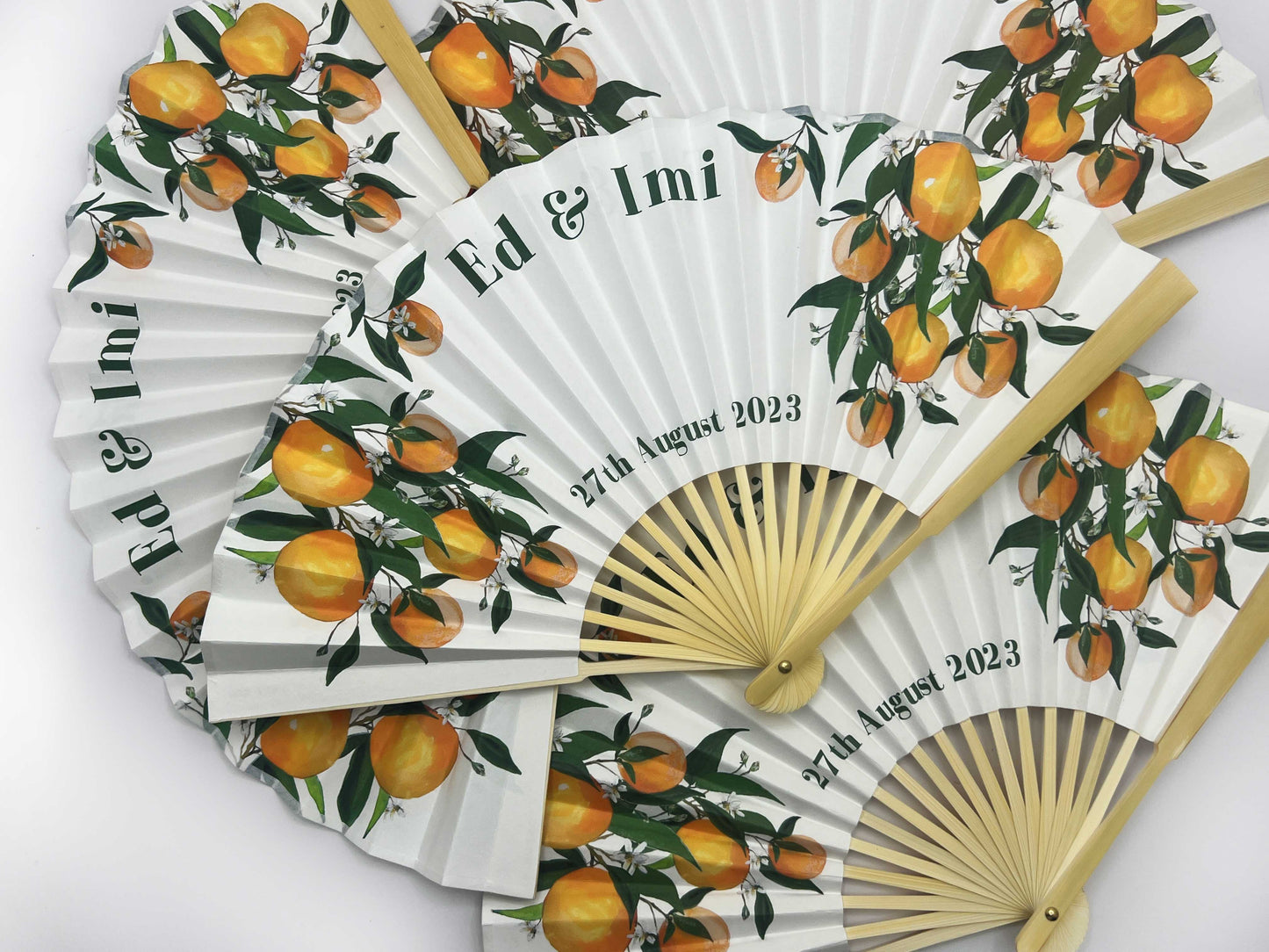 High End Personalized Custom Fans Lemon Orange Printed Folding Hand Fans Wedding Party Favors Gifts for Guests Bulk