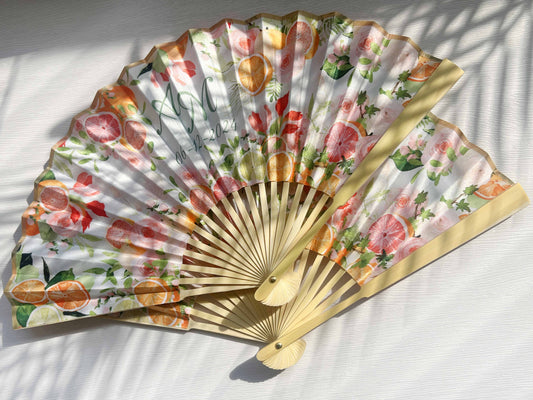 Personalized Custom Fabric Fans Rustic Wedding Dinner Party Favors Gifts for Guests Bulk Lemon Floral Folding Hand Fans Cloth Fan Home Decor