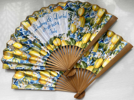 Personalized Custom Fabric Fans Wedding Party Favors Gifts Guests Bulk Lemon Floral Folding Hand Fans Orange Cloth Fans Concert Souvenirs